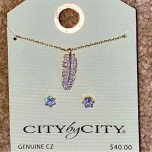 City by City gold necklace and earrings set stud jewelry feather Valentine’s Day